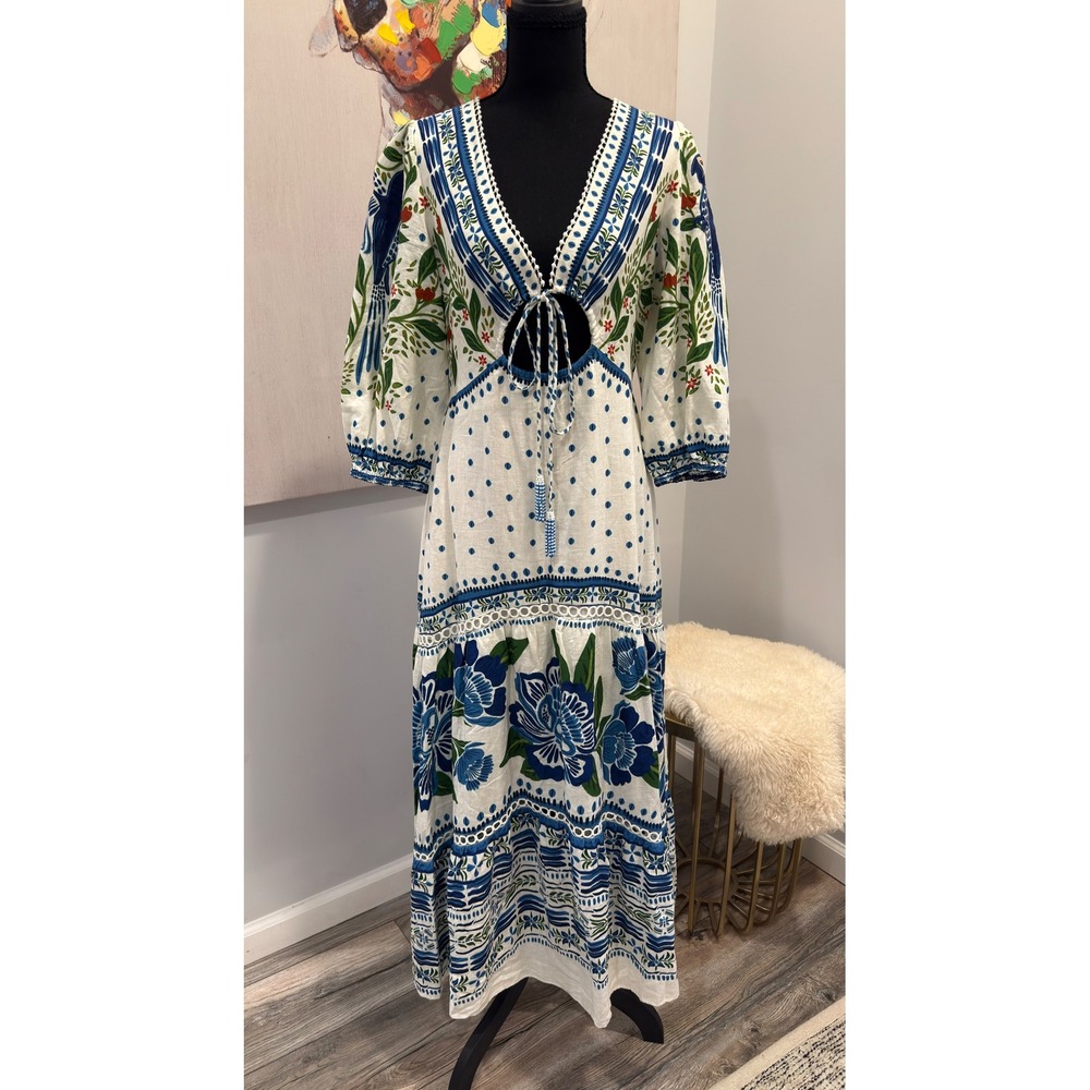 Farm Rio White Toucans And Leaves Linen Maxi Dress Small NWT